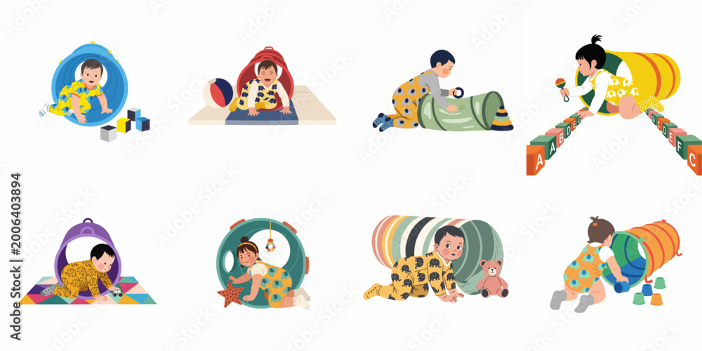 Fototapeta premium Set of eight flat vector illustrations featuring cute babies and toddlers playing with tunnels, building blocks, and various colorful educational toys.