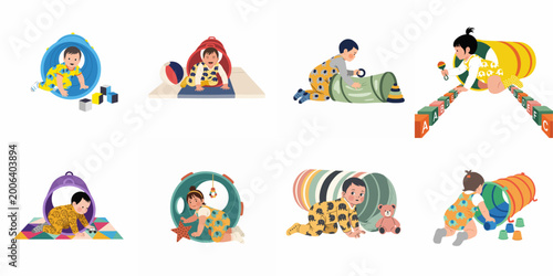Photos Set of eight flat vector illustrations featuring cute babies and toddlers playing with tunnels, building blocks, and various colorful educational toys
