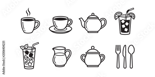 Bild auf Leinwand Set of minimalist line art icons for beverages and kitchenware