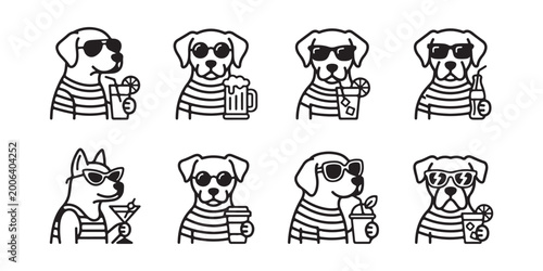 Photography Cool dogs wearing sunglasses with various drinks line art set