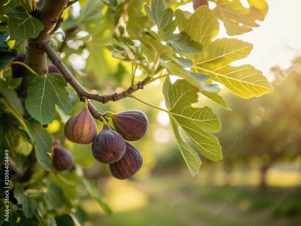 Fototapeta premium Ripe purple figs with green leaf shine naturally in orchard sunlight beauty.