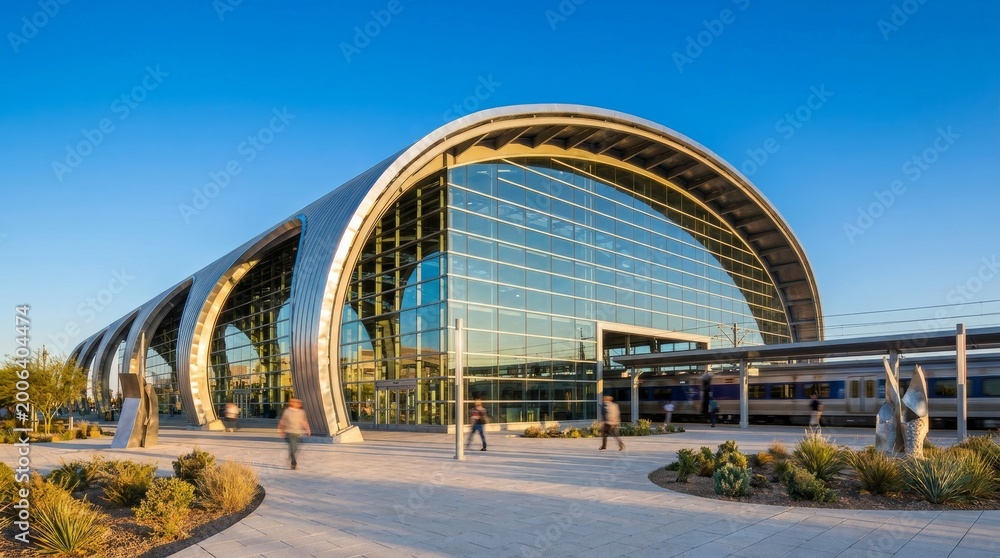 Fototapeta premium Contemporary Arched Train Station Architecture with Glass Facade and Commuters