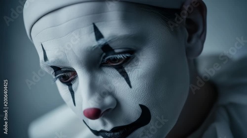 Close up of a clown with white makeup looking up with sad eyes