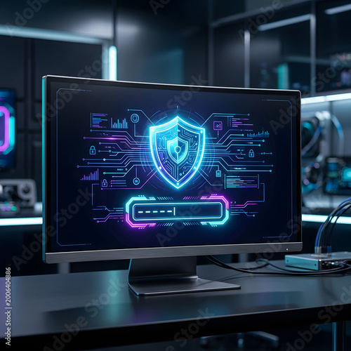 Computer monitor displaying cybersecurity shield login interface