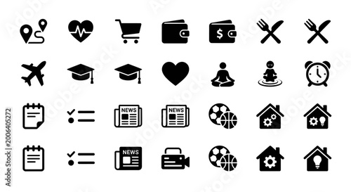 Minimalist black flat icon set for web design and mobile app interface development on white