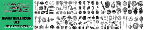 Fotografie Hand drawn vegetable icon set collection, black ink sketch organic food illustra