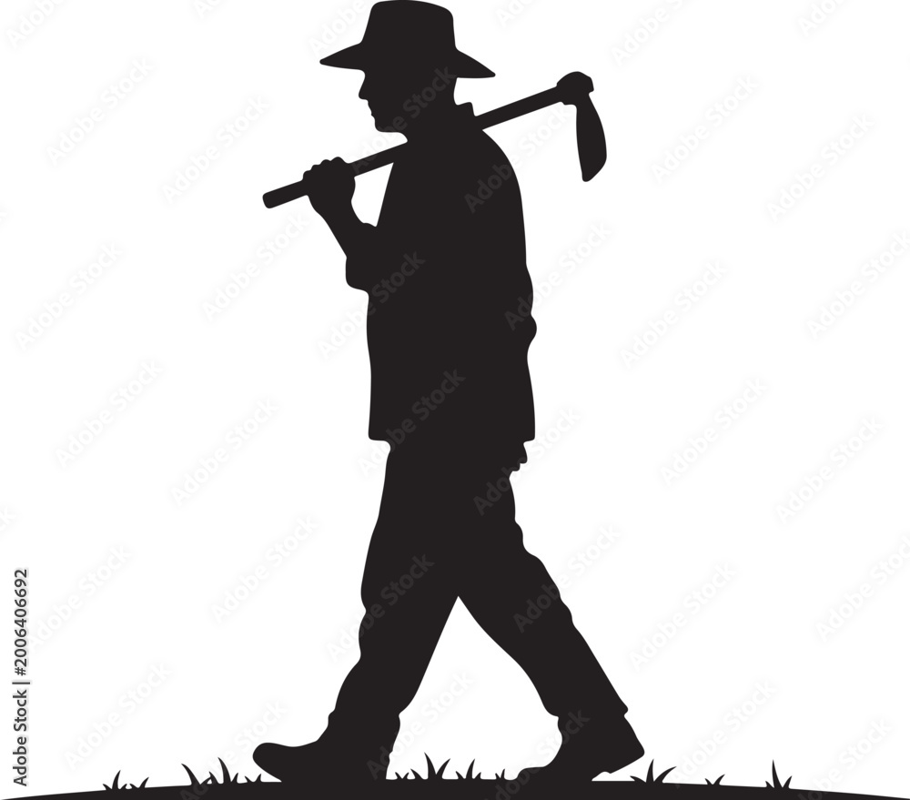 Naklejka premium farmer walking with scythe in field flat design vector illustration, Generative Ai