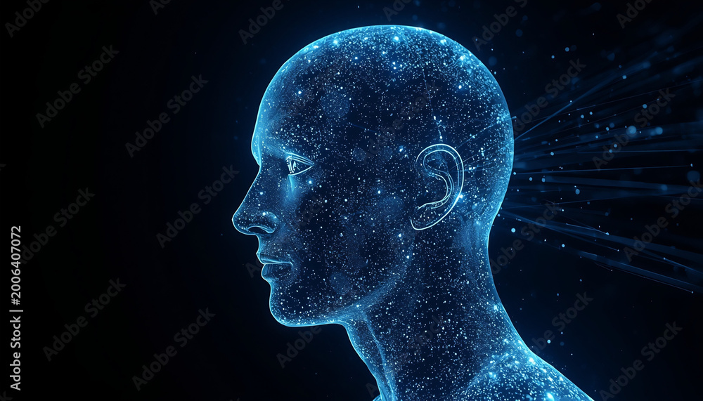 Obraz premium Human silhouette constructed from glowing stardust particles represents deep cognitive processes and the vast complexity of the human mind.