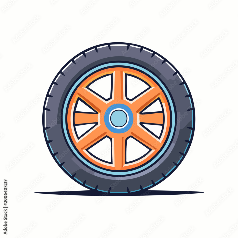 Fototapeta premium Cartoon Car Wheel with Orange Rim