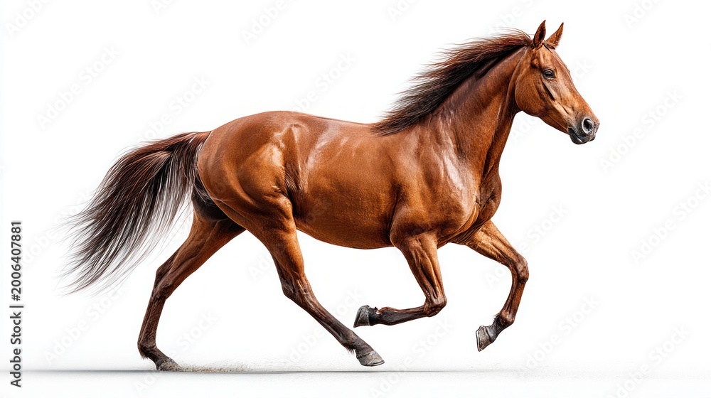 © MoodFrame - A powerful brown horse running gracefully against a clean white background