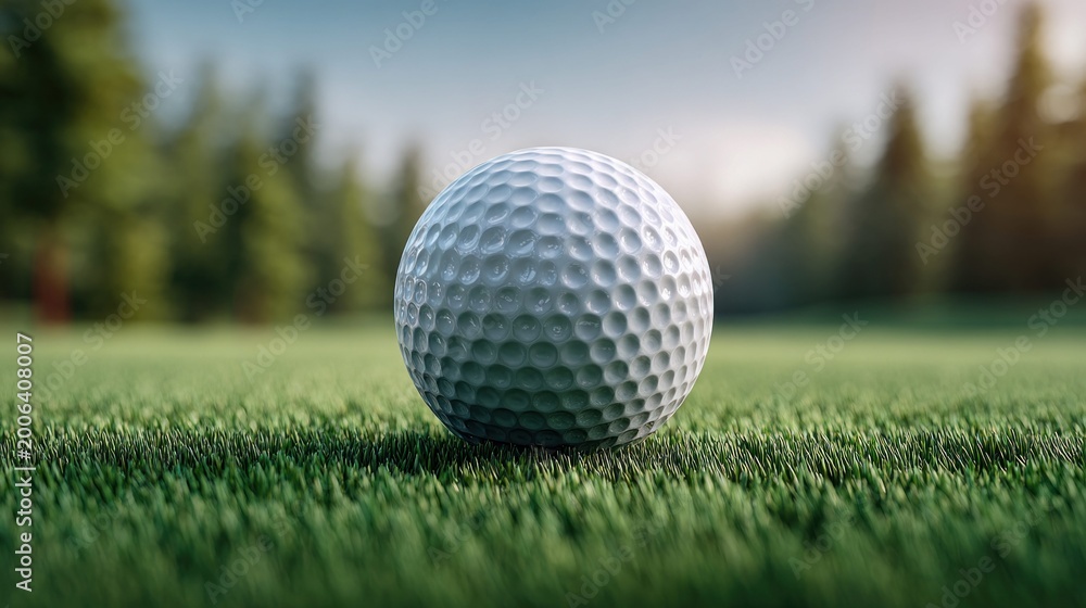 Obraz premium Golf ball resting on green grass with a blurred background of trees and sky