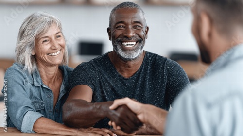 Happy couple shaking hands with a financial advisor