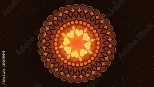 Yellow and Orange Color Abstract Mandala, A vibrant orange and yellow mandala design centered against a dark starry background. Colorful Mandala