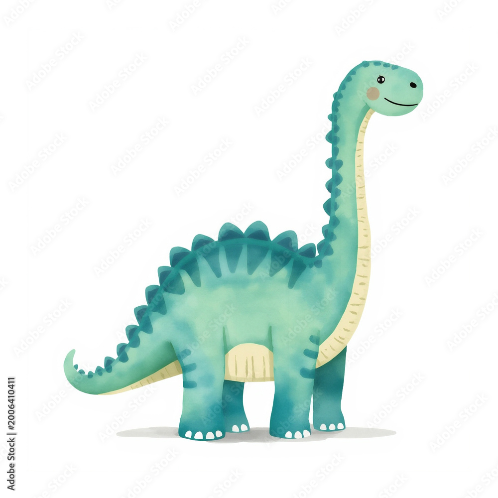 Naklejka premium Cute watercolor illustration of a friendly long-neck dinosaur (brontosaurus style) with a cheerful smile
