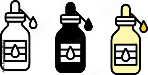 Set of 3 Dropper Bottle Icons - Skincare Serum and Essential Oil Symbols in Outline Solid and Yellow Styles - Vector