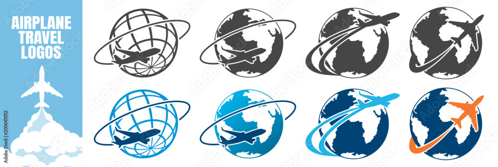 Fototapeta premium Airplane travel icon with globe and flight route on transparent background