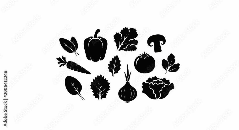 Fototapeta premium A collection of black silhouette drawings of various fresh vegetables