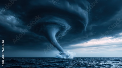 Powerful waterspout descending from menacing storm clouds over a turbulent deep blue ocean