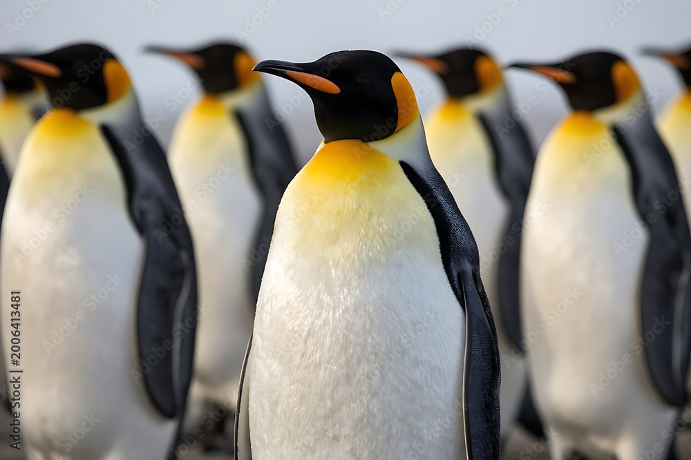 Fototapeta premium King penguin standing tall among a blurred colony of its peers