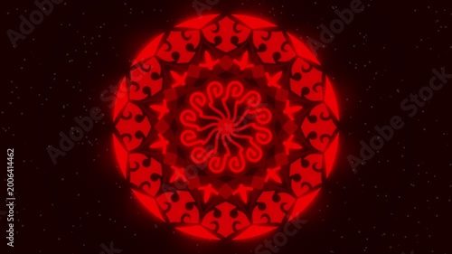 Glowing Red Mandala on a Starry Black Background, A vibrant red mandala design with intricate patterns and glowing accents against a dark background filled with stars.