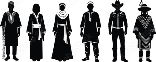 Traditional clothing silhouette set showing diverse cultural outfits including robe dress headscarf cowboy attire and ethnic garments isolated on white