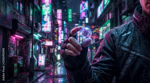 A futuristic cityscape scene with neon lights and a person holding a glowing orb.