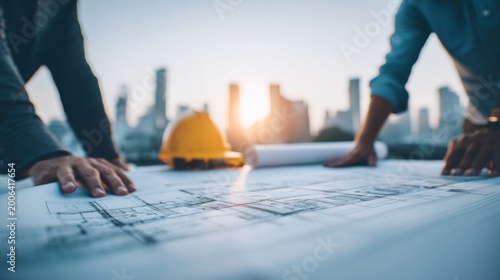Modern Architecture Team Reviewing Blueprints at Construction Site with City Skyline, Project Planning, Permits and Government Approval Concept, Professional Cinematic Realistic Scene with Copy Space