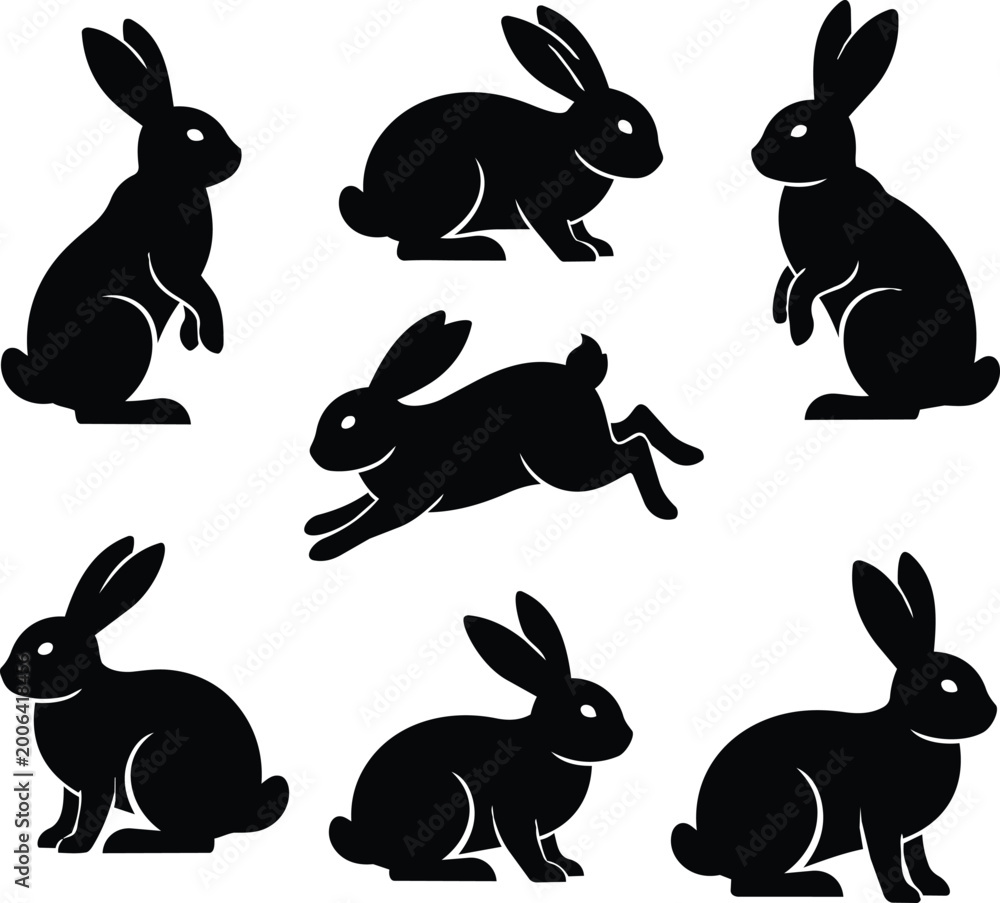 Fototapeta premium Rabbit Silhouette Set, Minimalist Bunny Vector Icons for Branding