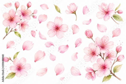 set of watercolor petals isolated on the white background falling gracefully create a spring blossom template with delicate pink flowers and soft romantic floral patterns