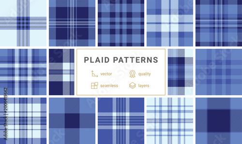 A sophisticated blue plaid pattern featuring intersecting navy and sky blue stripes. This classic tartan design is perfect for textile textures, fashion apparel, and digital branding.
