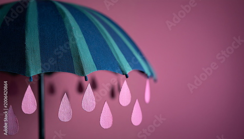 Contemporary art. collage. Two hands reaching towards each other under floating pink umbrella with raindrops above on yellow background. Concept of help and support each other, connection, safety.