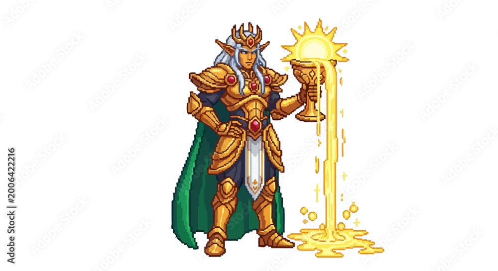 Obraz premium Pixel Art Golden Knight Holding Glowing Chalice.