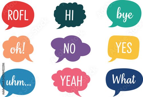 Принти на полотні Colorful speech bubble icon set with text expressions like ROFL, HI, Bye, Yes, No, Uhm, What for communication, online chat, and messaging applications