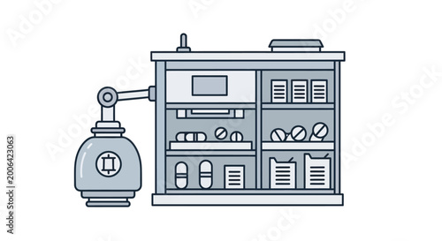 Foto Pharmaceutical production line with automated machinery and pills