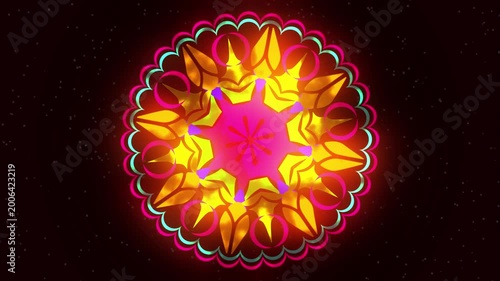 Abstract Floral Pattern with Vibrant Colors, Colorful Mandala, A complex abstract floral pattern composed of concentric circles in shades of yellow, pink, and turquoise.