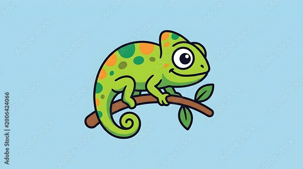 Obraz premium Colorful cartoon chameleon on branch.