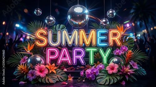 Vibrant Summer Party Neon Sign Surrounded by Tropical Plants