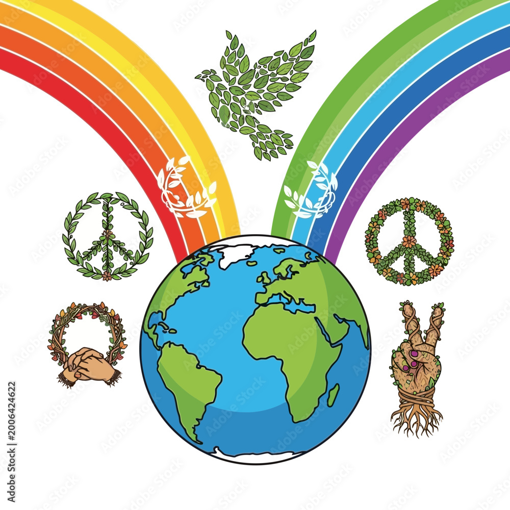 Naklejka premium Earth Holds Peace Dove Under Colorful Rainbow Symbols of Unity