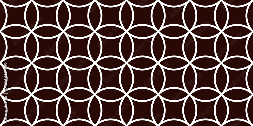 Fototapeta premium ​Dark brown seamless geometric pattern with white interlocking circles. Elegant repetitive luxury motif background for classic interior and textile design.