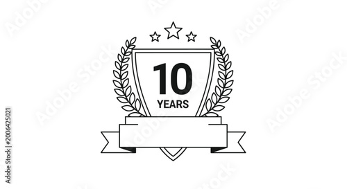 Recognition badge for a ten year anniversary features a shield with a laurel wreath stars and a blank ribbon for honorary text.