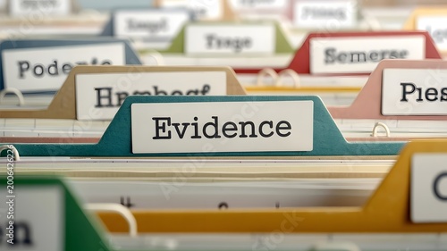 A close-up view of a file organizer with a labeled folder named Evidence among many other folders.