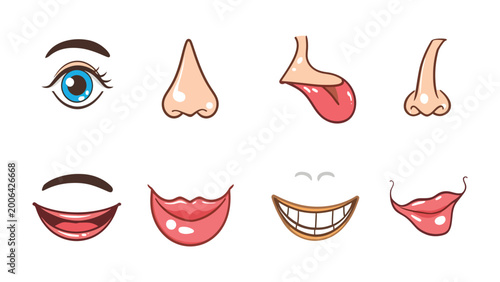 Foto Human Facial Features: A playful illustration showcases an array of diverse facial features, from expressive eyes and noses to various smiling lips and tongues