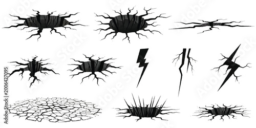Foto Set of black ground cracks and holes in the earth with lightning bolt and dry so