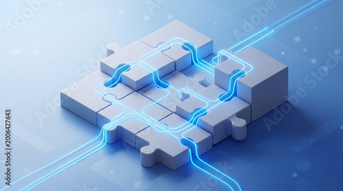 Futuristic puzzle pieces connected with glowing lines on a digital background.
