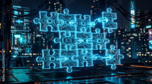 Futuristic puzzle pieces glowing in a digital cityscape.