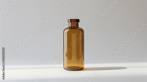 isolated healthcare product photo of an amber medicine bottle with a smooth rounded shape and a translucent glass material, standing upright on a pristine white background, minimal composition