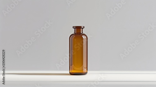 isolated healthcare product photo of an amber medicine bottle with a smooth rounded shape and a translucent glass material, standing upright on a pristine white background, minimal composition