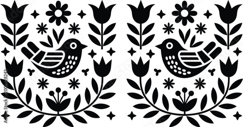 Photography Black and white folk art vector illustration featuring symmetrical birds surrounded by flowers and floral elements in a traditional style