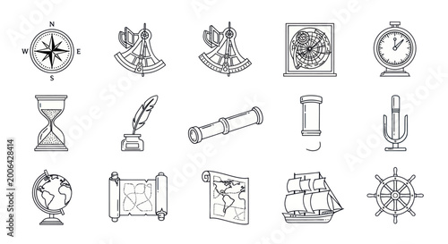 Tableau sur toile Vintage Navigation Tools and Travel Icons: Compass, Sextant, Telescope, Globe, S