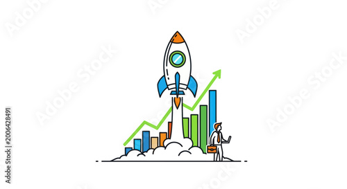 Photography Rocket Launching Upward with Business Growth Chart and Businessman